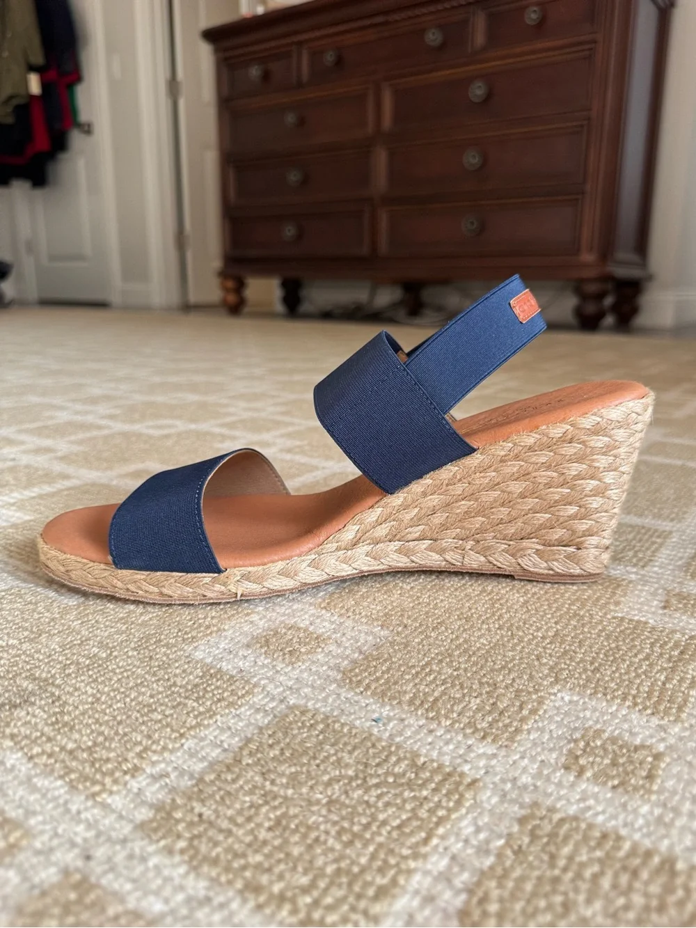 Andre Assous Allison Espadrille Wedge Sandals Navy Elastic Size 11